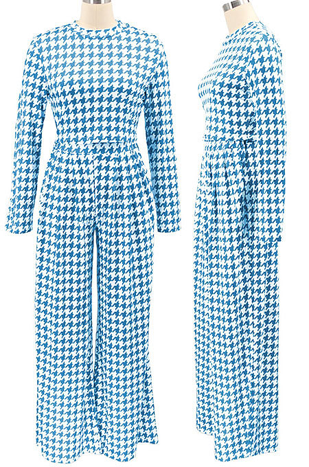 Yellow Euramerican Autumn Winter Women Plaid Printing Long Sleeve Round Collar Loose Pants Sets KZ2139-1