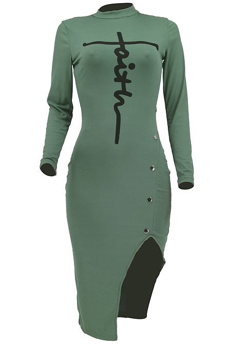 Lake Green Autumn Bodycon Sexy Split Irregular Spliced Midi Dress HZF57813-3