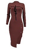 Brown Autumn Bodycon Sexy Split Irregular Spliced Midi Dress HZF57813-2