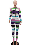 Purple Autumn Winter Stripe Ribber Print Long Sleeve Zipper Top Pencil Pants Sets TK6138-1