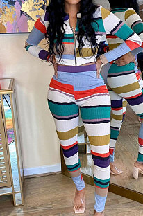 Blue Autumn Winter Stripe Ribber Print Long Sleeve Zipper Top Pencil Pants Sets TK6138-2