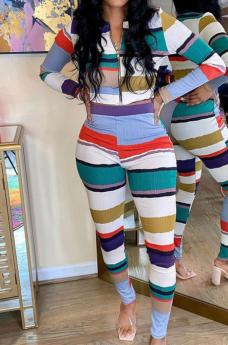 Blue Autumn Winter Stripe Ribber Print Long Sleeve Zipper Top Pencil Pants Sets TK6138-2