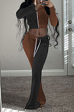 Purple Yellow Wolesale Women Velvet Contrast Color Spliced Long Sleeve Zipper Hoodie Flare Pants Sets TRS1178-1