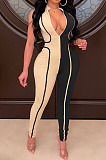 Purple Euramerican Women Tight Sleeveless Spliced Zipper Low Waist Bodycon Jumpsuits JR3649-3