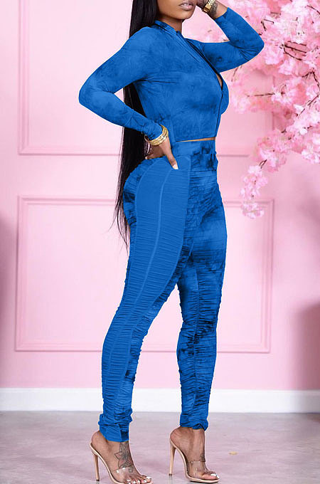 Green Wholesale Print Long Sleeve Zip Front Mesh Spliced Ruffle Hip Pants Sport Sets TK6139-1
