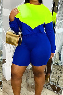  Blue Green Spliced Long Sleeve Round Neck Loose Top Shorts Two-Piece LMM8276-1