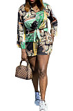 Purple Green Women Single-Breasted Casual Digital Printing Long Sleeve Shirts Shorts Two-Pieces YZ7044-1