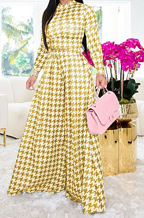 Yellow Euramerican Autumn Winter Women Plaid Printing Long Sleeve Round Collar Loose Pants Sets KZ2139-1