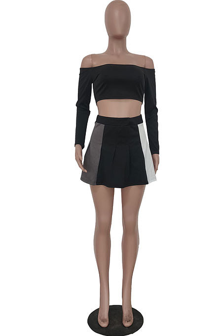 Black Wholesale A Word Shoulder Long Sleeve Crop Top Spliced Ruffle Pleated Skirts TRS1175-1