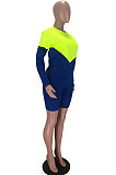  Blue Green Spliced Long Sleeve Round Neck Loose Top Shorts Two-Piece LMM8276-1