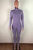 Purple Ribber Letter Embroidery Long Sleeve Zipper Slim Fitting Bodycon Jumpsuits QZ6115-10