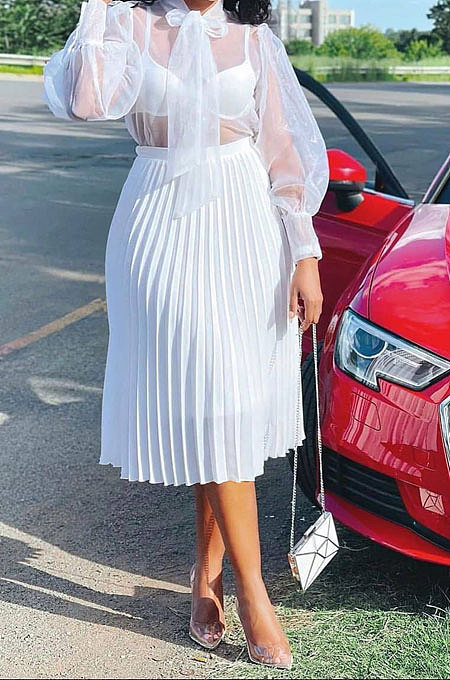 White Simple Chiffon Pure Color Pleated Skirts TRS1177-3