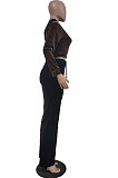 Orange Blue Wolesale Women Velvet Contrast Color Spliced Long Sleeve Zipper Hoodie Flare Pants Sets TRS1178-3