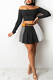 Red Wholesale A Word Shoulder Long Sleeve Crop Top Spliced Ruffle Pleated Skirts TRS1175-3
