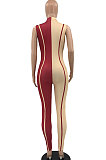 Black Euramerican Women Tight Sleeveless Spliced Zipper Low Waist Bodycon Jumpsuits JR3649-1