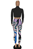 Blue Modest Long Sleeve Bandage Crop Top Digital Print Pencil Pants Two-Piece MN8381-1