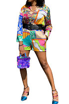 Purple Green Women Single-Breasted Casual Digital Printing Long Sleeve Shirts Shorts Two-Pieces YZ7044-1
