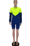  Blue Green Spliced Long Sleeve Round Neck Loose Top Shorts Two-Piece LMM8276-1