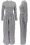 Yellow Euramerican Autumn Winter Women Plaid Printing Long Sleeve Round Collar Loose Pants Sets KZ2139-1