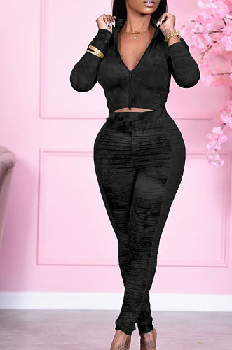 Black Wholesale Print Long Sleeve Zip Front Mesh Spliced Ruffle Hip Pants Sport Sets TK6139-4