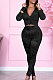 Black Wholesale Print Long Sleeve Zip Front Mesh Spliced Ruffle Hip Pants Sport Sets TK6139-4
