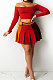 Red Wholesale A Word Shoulder Long Sleeve Crop Top Spliced Ruffle Pleated Skirts TRS1175-3