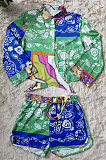 Green Women Single-Breasted Casual Digital Printing Long Sleeve Shirts Shorts Two-Pieces YZ7049