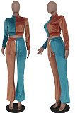Orange Blue Wolesale Women Velvet Contrast Color Spliced Long Sleeve Zipper Hoodie Flare Pants Sets TRS1178-3