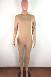 Light Yellow Ribber Letter Embroidery Long Sleeve Zipper Slim Fitting Bodycon Jumpsuits QZ6115-2