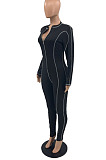 White Women Skinny Tight Long Sleeve Zipper Bodycon Jumpsuits JR3644-5