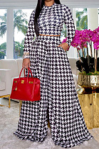 Black Euramerican Autumn Winter Women Plaid Printing Long Sleeve Round Collar Loose Pants Sets KZ2139-4