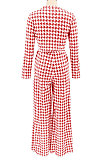 Yellow Euramerican Autumn Winter Women Plaid Printing Long Sleeve Round Collar Loose Pants Sets KZ2139-1
