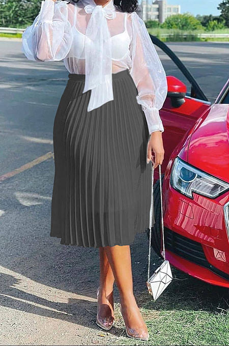 Black Simple Chiffon Pure Color Pleated Skirts TRS1177-2