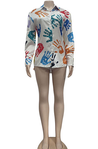 Multicolor Handprint Women Trendy Casual Printing Long Sleeve Turn-Down Collar Cardigan Single-Breasted Shirts YZ7062