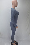 White Women Ribber Solid Color Long Sleeve Round Collar Bodycon Jumpsuits MLD5058-2