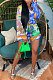 Green Women Single-Breasted Casual Digital Printing Long Sleeve Shirts Shorts Two-Pieces YZ7049