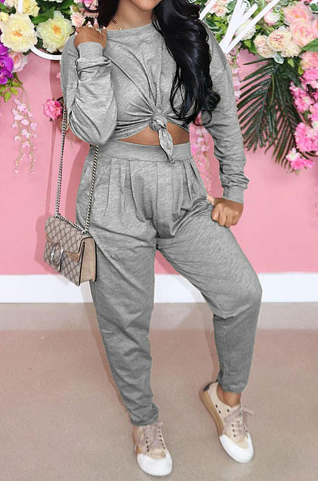 Gray Casual Loose Long Sleeve T-Shirt Ruffle Pants Solid Color Sets TRS1160-5
