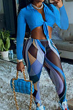 Blue Modest Long Sleeve Bandage Crop Top Digital Print Pencil Pants Two-Piece MN8381-1