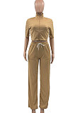 Orange Women Casual Solid Color Tops Turn-Down Collar Pants Sets JR3652-2
