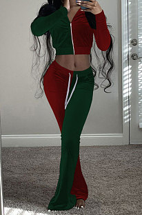 Drak Green Red Wolesale Women Velvet Contrast Color Spliced Long Sleeve Zipper Hoodie Flare Pants Sets TRS1178-4