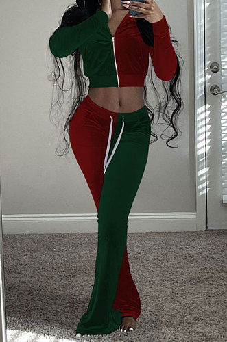 Drak Green Red Wolesale Women Velvet Contrast Color Spliced Long Sleeve Zipper Hoodie Flare Pants Sets TRS1178-4