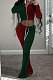 Drak Green Red Wolesale Women Velvet Contrast Color Spliced Long Sleeve Zipper Hoodie Flare Pants Sets TRS1178-4