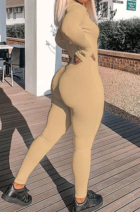 Black Ribber Letter Embroidery Long Sleeve Zipper Slim Fitting Bodycon Jumpsuits QZ6115-7