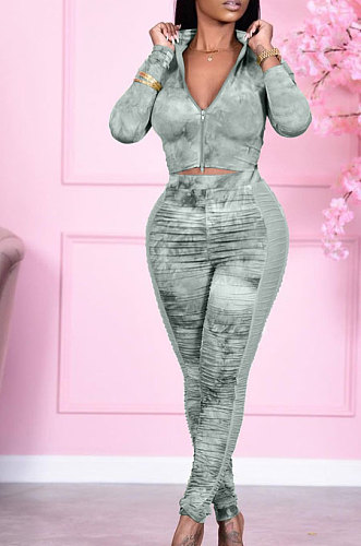 Green Wholesale Print Long Sleeve Zip Front Mesh Spliced Ruffle Hip Pants Sport Sets TK6139-1