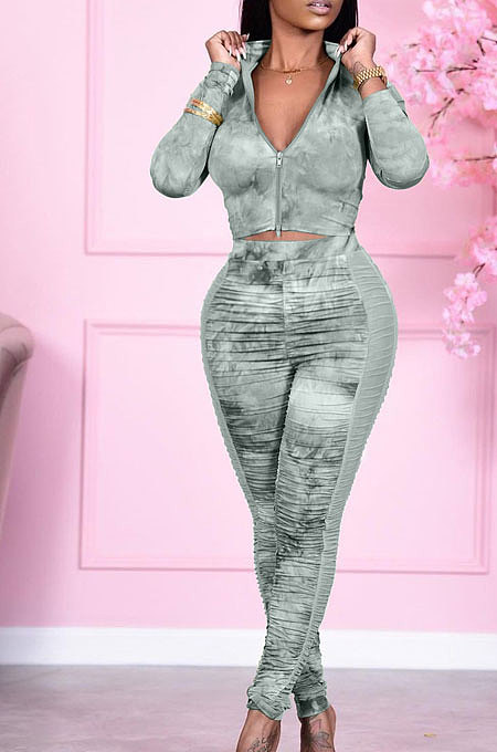 Green Wholesale Print Long Sleeve Zip Front Mesh Spliced Ruffle Hip Pants Sport Sets TK6139-1