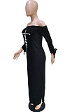 Black Cute Pattern A Word Shoulder Long Sleeve Both Sides Split Dress BBN199-2