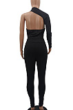 White Euramerican Women Sexy Trendy One Shoulder Pure Color Backless Bodycon Jumpsuits QMX1010-1