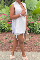 White Women Fashion Casual Pure Color Sleeveless Turn-Down Collar Suit Jacket QMX1008-1