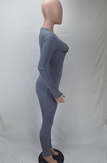 Coffee Women Ribber Solid Color Long Sleeve Round Collar Bodycon Jumpsuits MLD5058-3