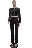 Orange Blue Wolesale Women Velvet Contrast Color Spliced Long Sleeve Zipper Hoodie Flare Pants Sets TRS1178-3